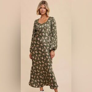 Aviny Eucalyptus Vintage Floral Satin Bias Cut Midi Dress